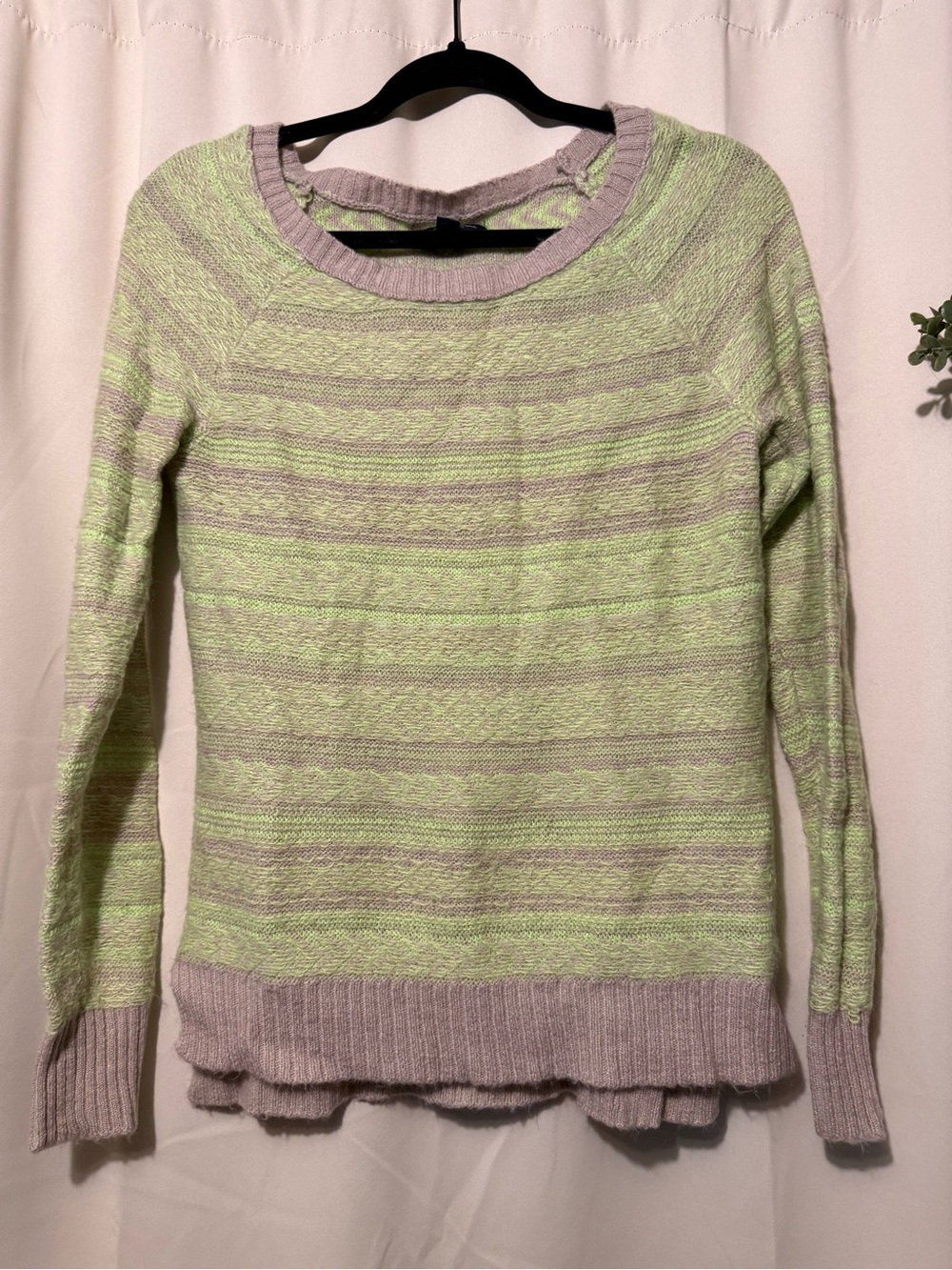 American Eagle Outfitters Light Green and Taupe Striped Crewneck Sweater